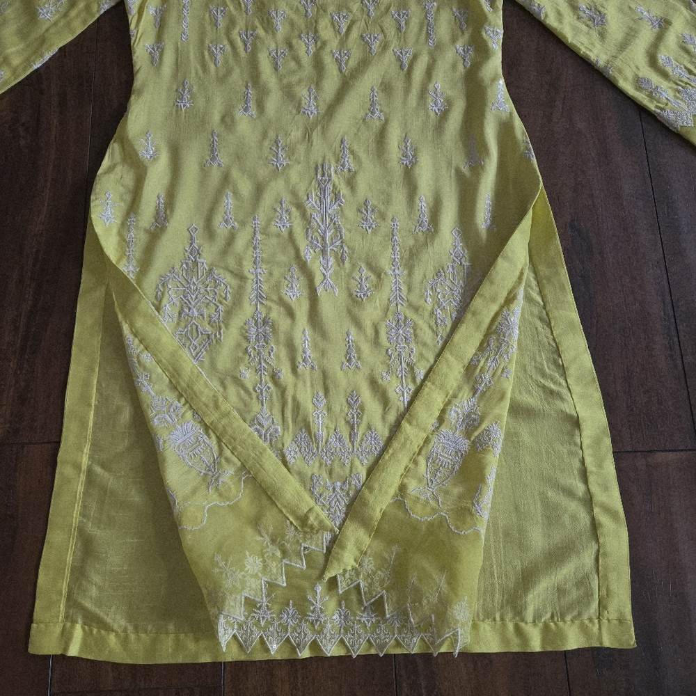 Embroidered Lime Yellow Top Shirt Long Kurti Cotton Silk Organza Size S/M - Picture 6 of 11